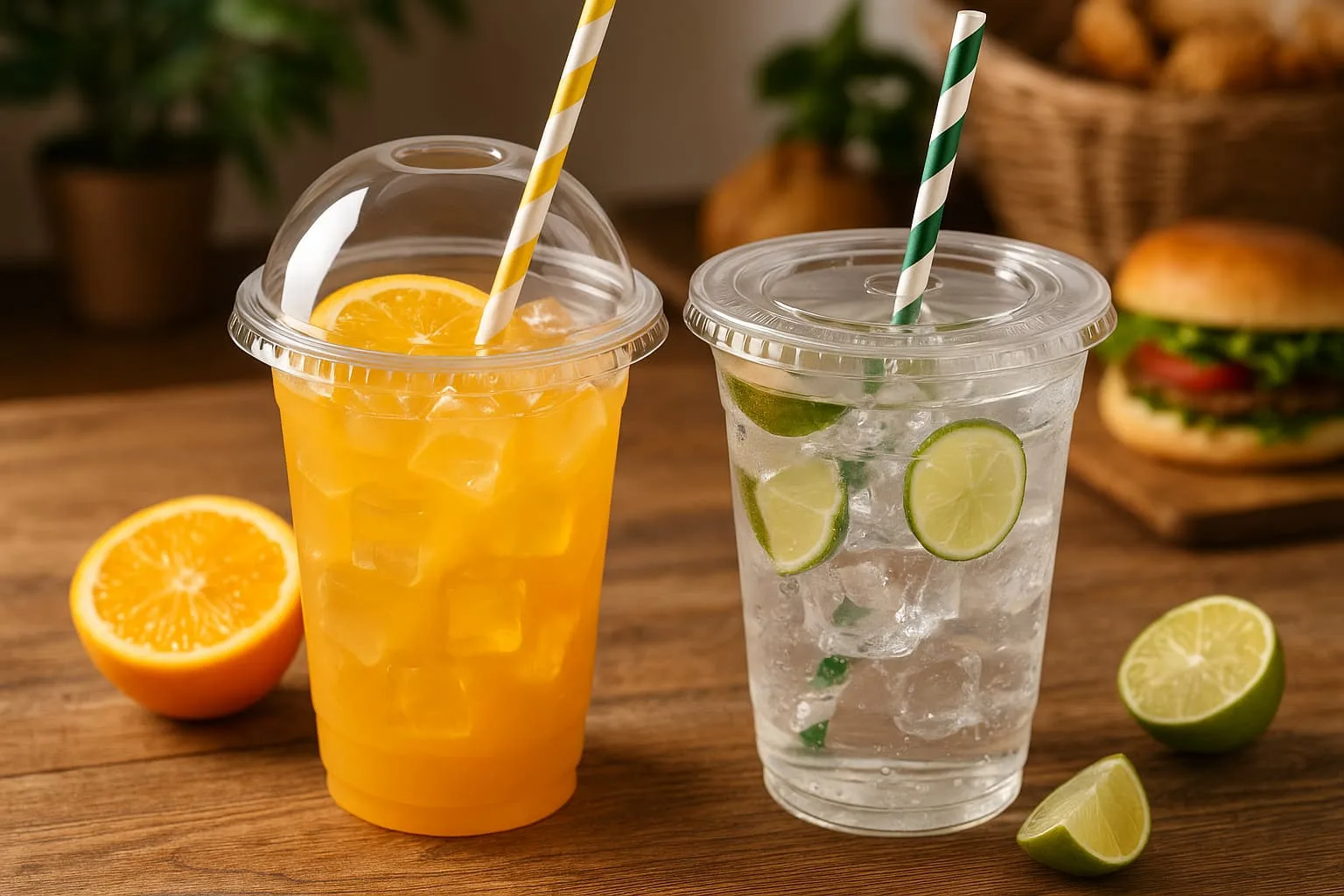 Bicchieri trasparenti in PLA con bevande ghiacciate colorate e frutta sul tavolo del bar, imballaggio ecologico per bevande fredde 2025