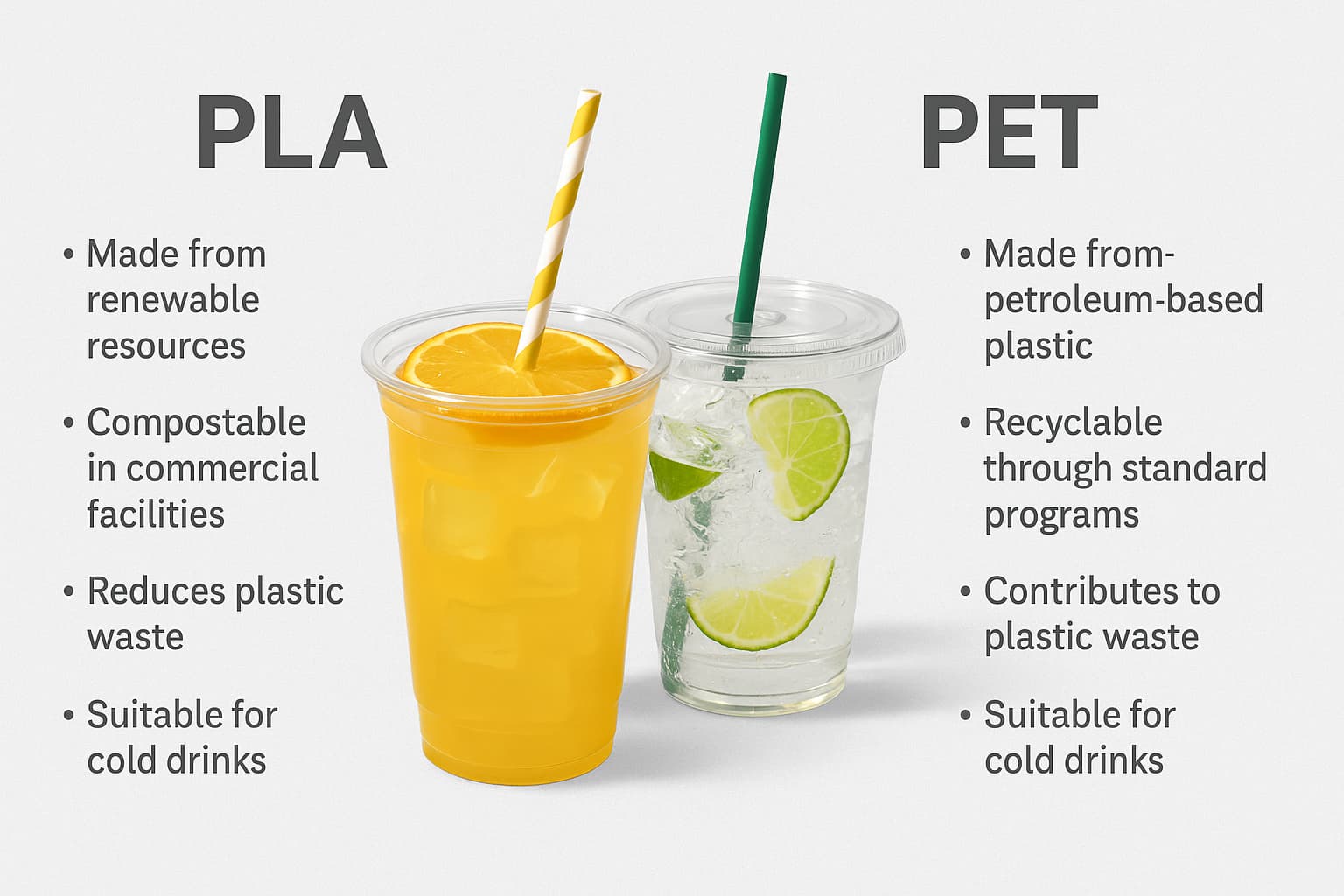 Infografica di confronto tra bicchieri in PLA e bicchieri in plastica PET