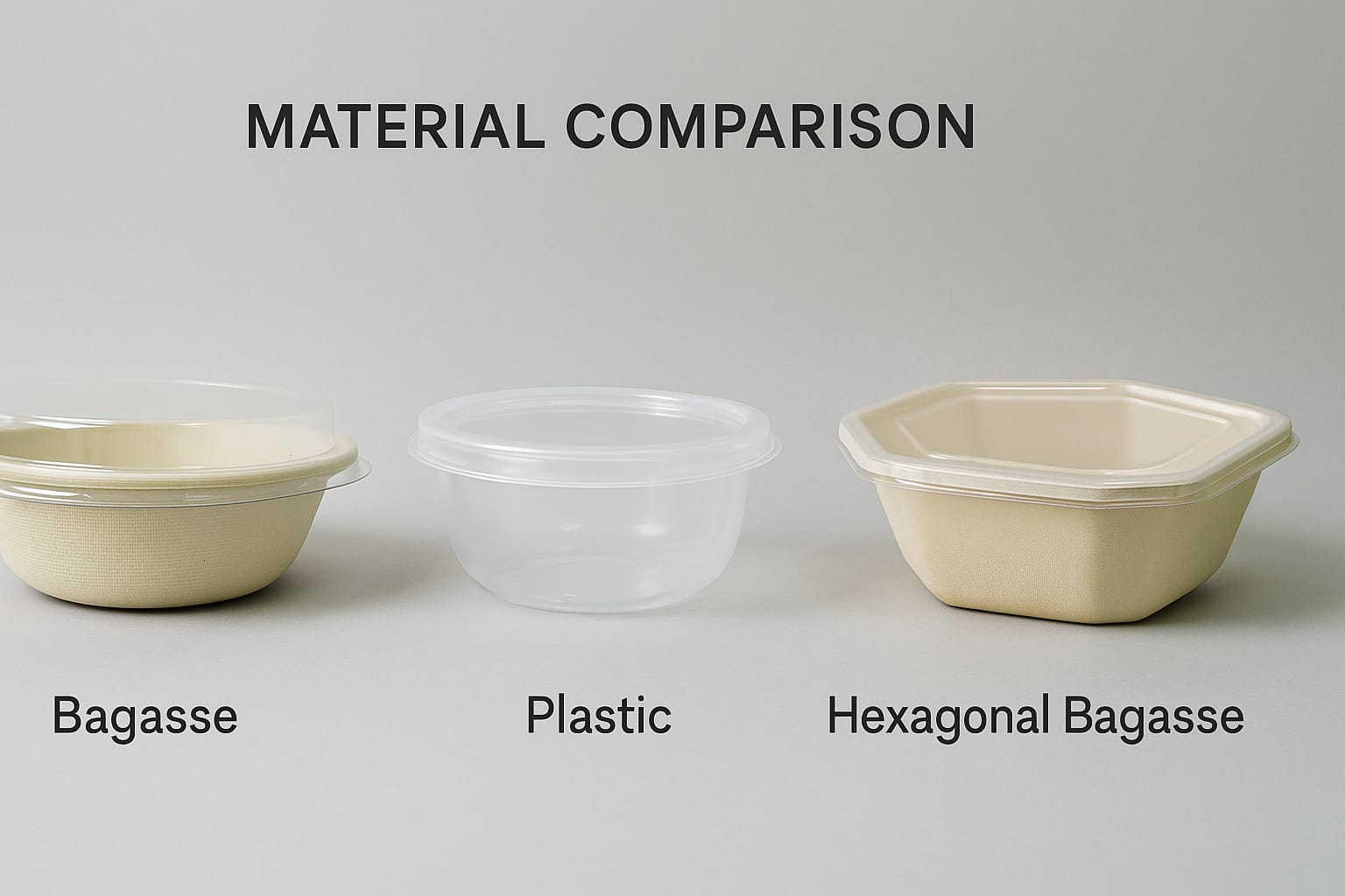Confronto tra materiali: Bagassa vs plastica vs Bagassa esagonale Confronto tra tre ciotole per alimenti realizzate in bagassa, plastica e bagassa esagonale, per evidenziare le differenze tra i materiali sostenibili per un imballaggio ecologico.