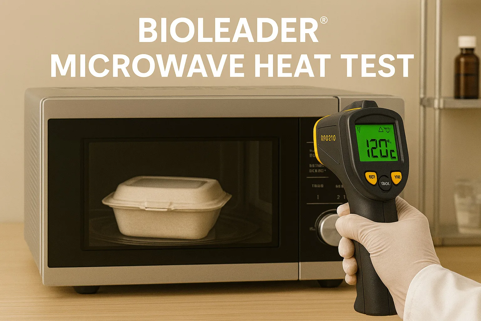Bioleader Laboratory Heat Test Bioleader lab test measuring microwave heat resistance of bagasse compostable bowls under controlled conditions.