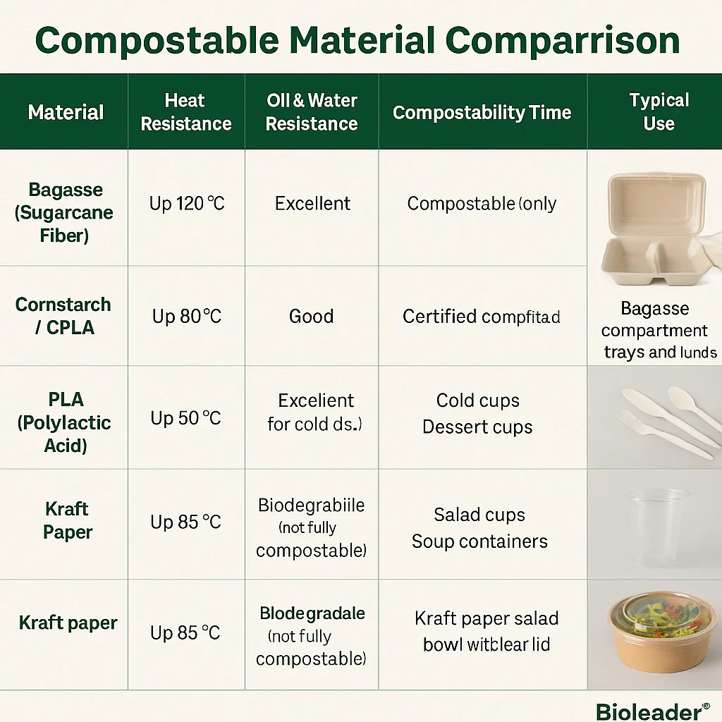 Tabla comparativa de materiales compostables | Bioleader® 2025 Tabla comparativa de materiales compostables para vajillas que muestra el rendimiento del bagazo, el PLA, el CPLA y el papel kraft - Bioleader® 2025