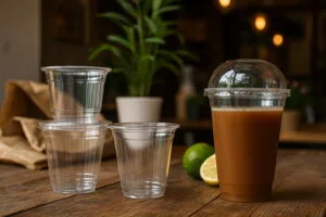 Compostable PLA cups filled with colorful cold drinks on a café counter, eco friendly beverage packaging by Bioleader