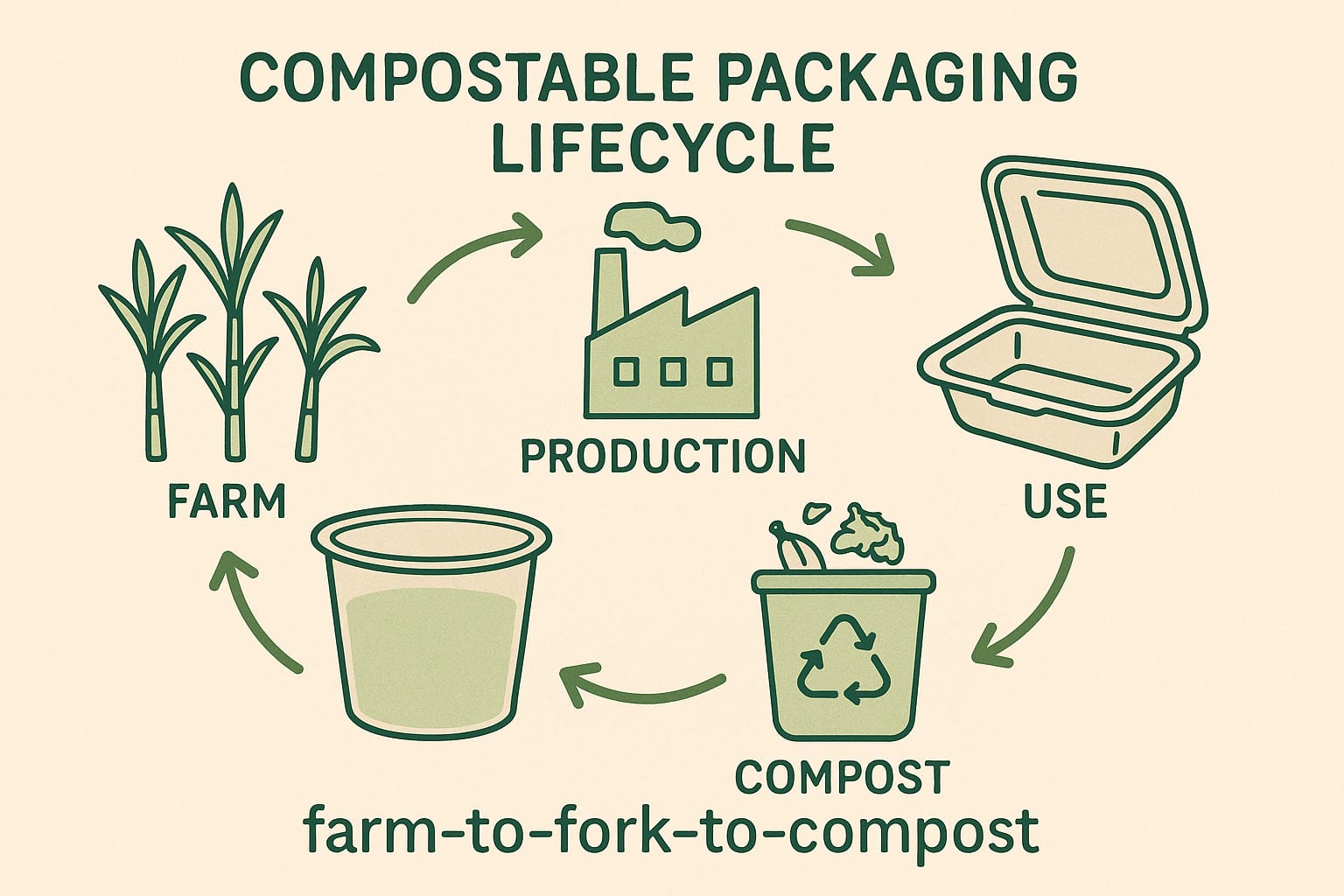 The Compostable Lifecycle of Bagasse Tableware Compostable packaging lifecycle from sugarcane fields to bagasse containers to compost, symbolizing Bioleader’s sustainable loop.