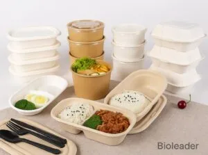 Ensembles de vaisselle compostable comprenant des boîtes à lunch en bagasse, des bols en papier kraft et des couverts CPLA — emballages durables Bioleader® 2025.