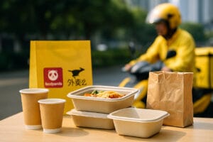 Eco-friendly bagasse food containers and paper cups beside Asian food delivery bags with platform branding, symbolizing compostable packaging adoption across Asia.