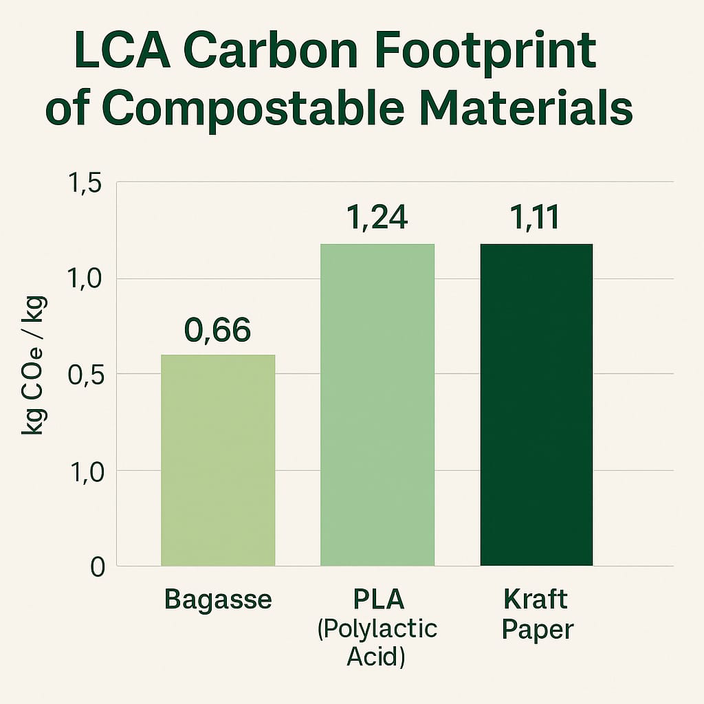 LCA koolstofvoetafdruk van composteerbare materialen | Bioleader® 2025 LCA vergelijking van de koolstofvoetafdruk van composteerbare materialen uit Bagasse, PLA en Kraftpapier toont een lagere CO₂-uitstoot dan plastic - Bioleader® 2025