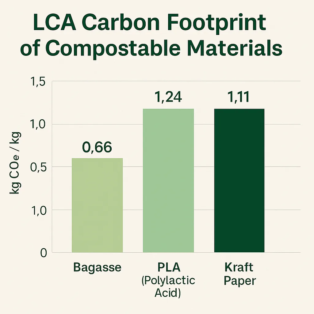 LCA Huella de carbono de materiales compostables | Bioleader® 2025 Comparación de la huella de carbono en el ACV de los materiales compostables bagazo, PLA y papel kraft que muestra menores emisiones de CO₂ que el plástico - Bioleader® 2025