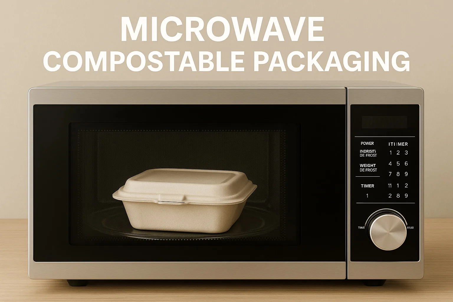 Contenitori compostabili da cuocere al microonde in modo sicuro con gli alimenti, che rappresentano imballaggi in bagassa, PLA e amido di mais.