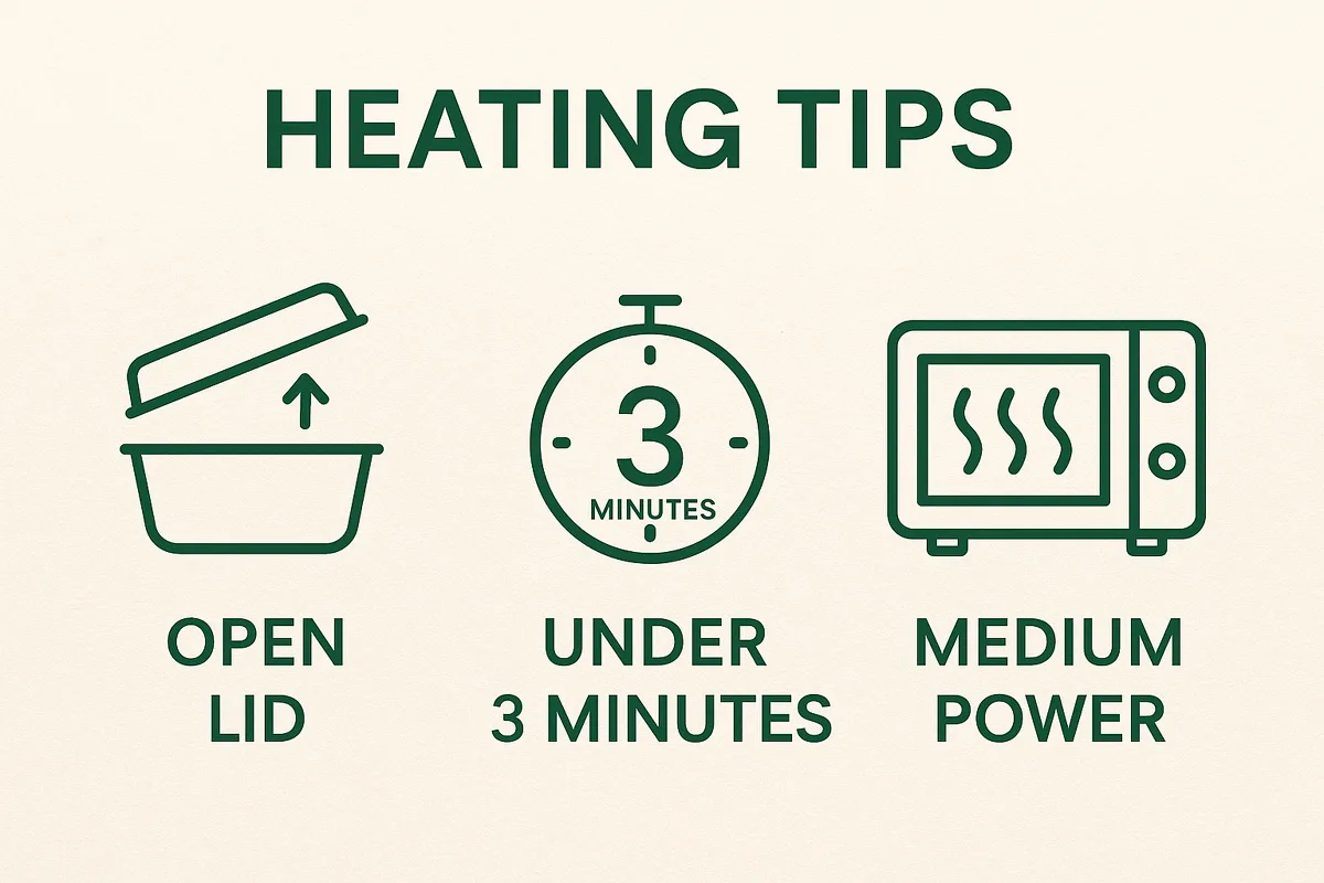 Safe Microwave Tips for Compostable Containers Infographic showing safe microwave heating tips for compostable containers—open lid, under 3 minutes, medium power.