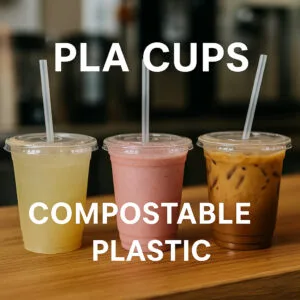 Compostable PLA cold drink cups on café counter – eco-friendly beverage packaging by Bioleader®