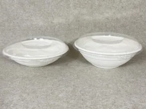 Una vivace poke bowl servita in una ciotola esagonale in bagassa compostabile con coperchio trasparente, che mette in mostra un packaging sostenibile per la ristorazione moderna.