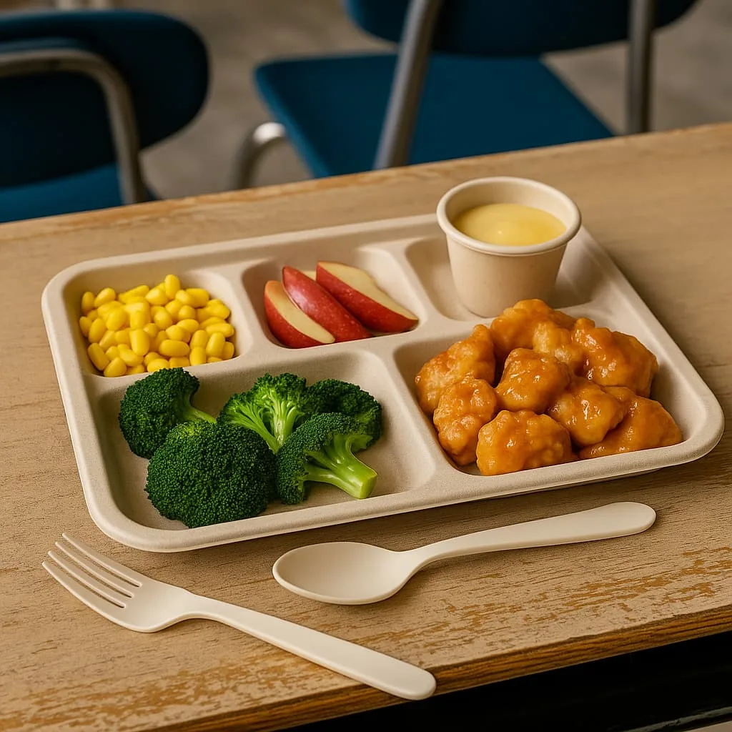 Compostable Cutlery for Airlines & Travel Meals | Bioleader Airline meal tray with compostable cutlery, bagasse food container, and paper cup – Bioleader