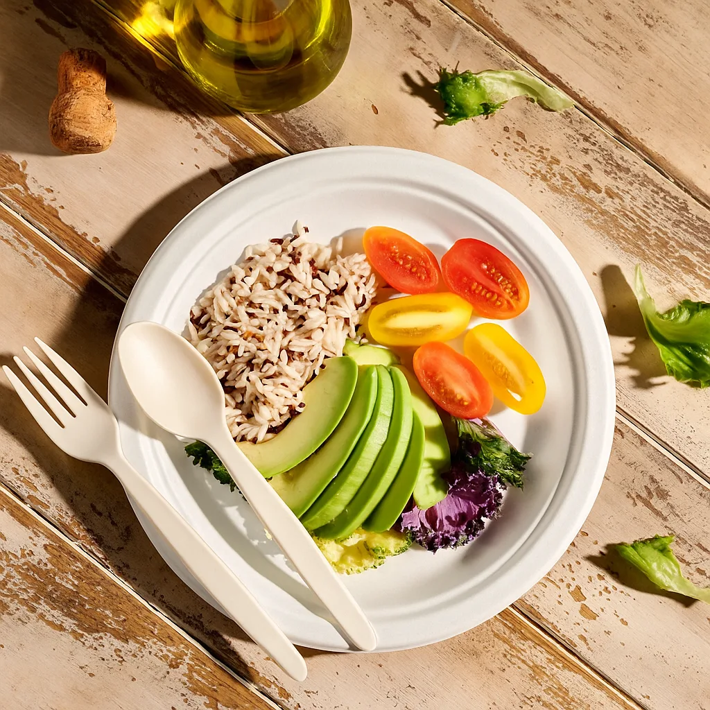 Compostable Tableware for Weddings & Outdoor Catering | Bioleader Compostable CPLA fork and spoon with bagasse plate of avocado rice salad for outdoor catering and weddings – Bioleader