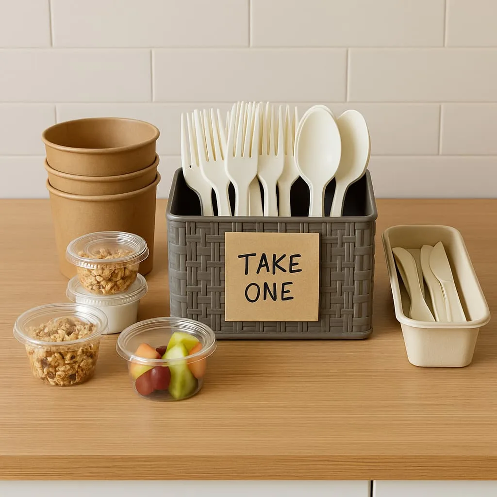 Eco-Friendly Cutlery for Office & Micro Kitchens | Bioleader Compostable cutlery organized in an office kitchenette with kraft paper bowls and portion cups – Bioleader