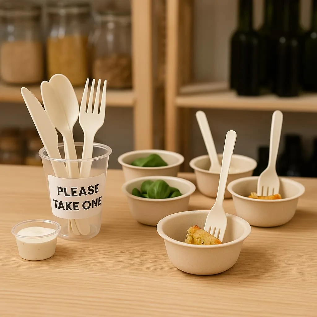 Compostable Cutlery for Retail Sampling & Demo Kitchens | Bioleader Compostable cutlery and sample-size food portions on a tasting counter in a retail demo kitchen – Bioleader