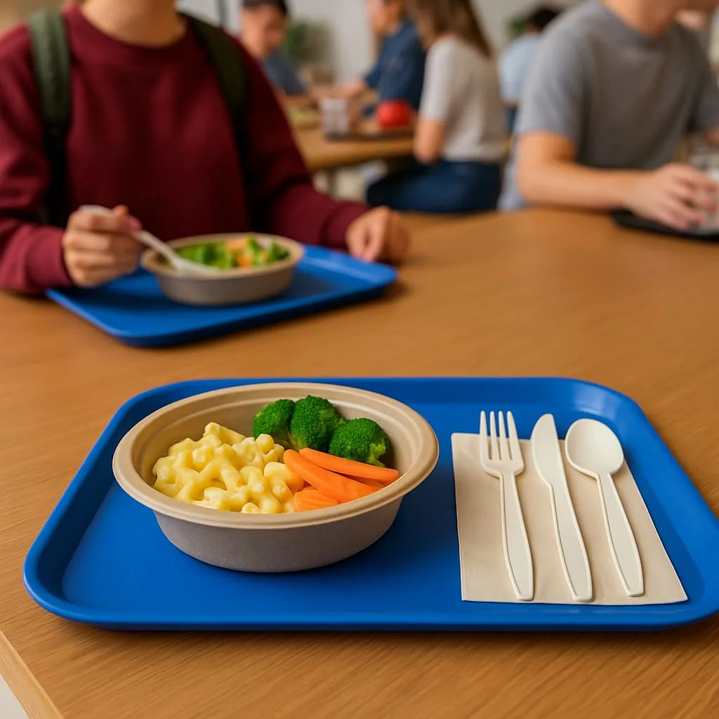 Compostable Cutlery for Schools & Universities | Bioleader Students using compostable cutlery and bagasse bowls in a bright school cafeteria – Bioleader