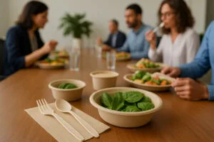 Compostable cutlery and bagasse bowls in an office lunch setting – Bioleader