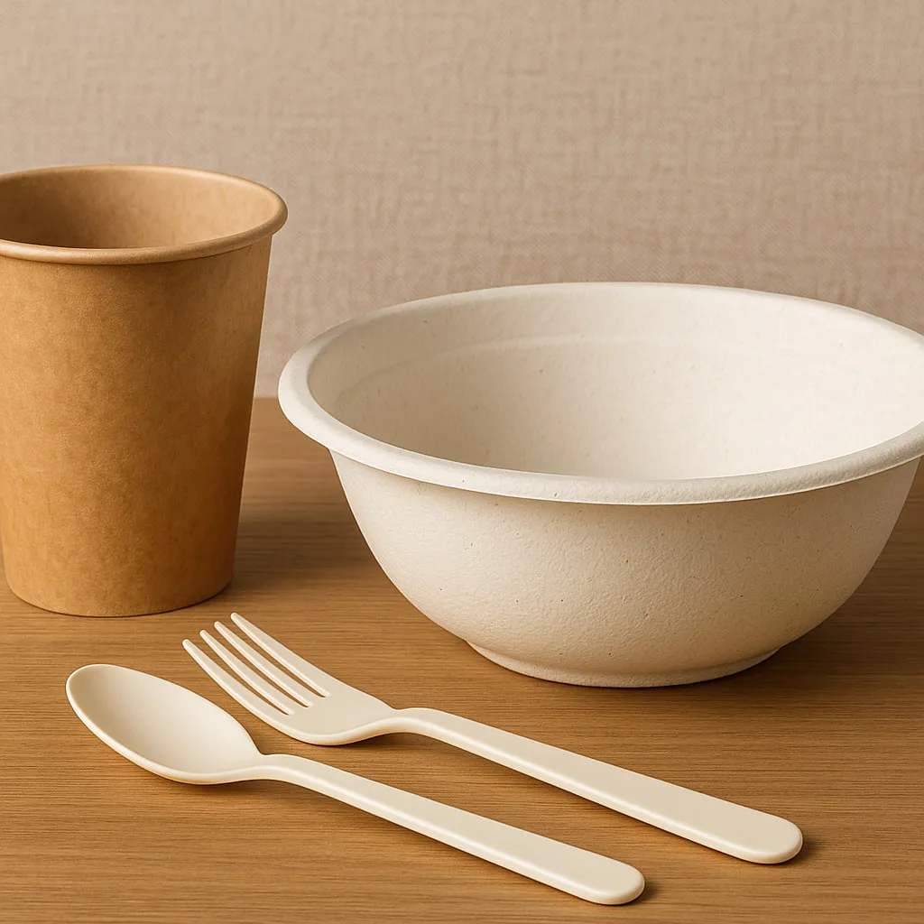 EU Household Composting Revolution – Home Compostable Packaging in Europe Eco-friendly bagasse bowl, kraft paper cup, and cornstarch cutlery representing home compostable packaging trends across Europe under new EU waste regulations.