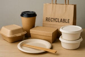 Recycelbare Take-away-Verpackungen aus Bagasse und Kraftpapier gemäß der EU-PPWR-Verordnung 2026, einschließlich umweltfreundlicher Becher, Boxen und Schalen.
