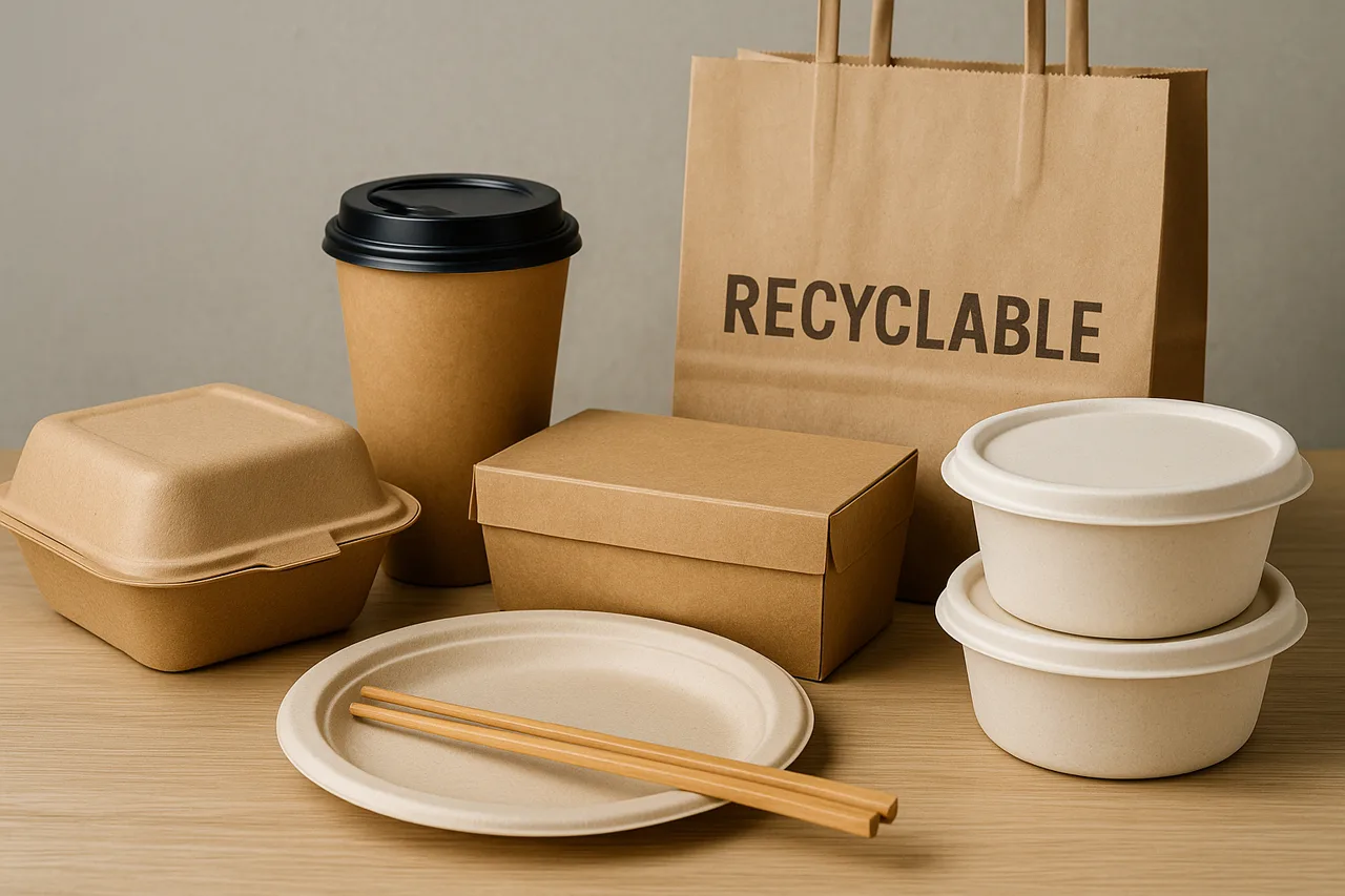 Recyclable bagasse and kraft paper takeaway packaging under EU PPWR 2026 regulation, including eco-friendly cups, boxes, and bowls.
