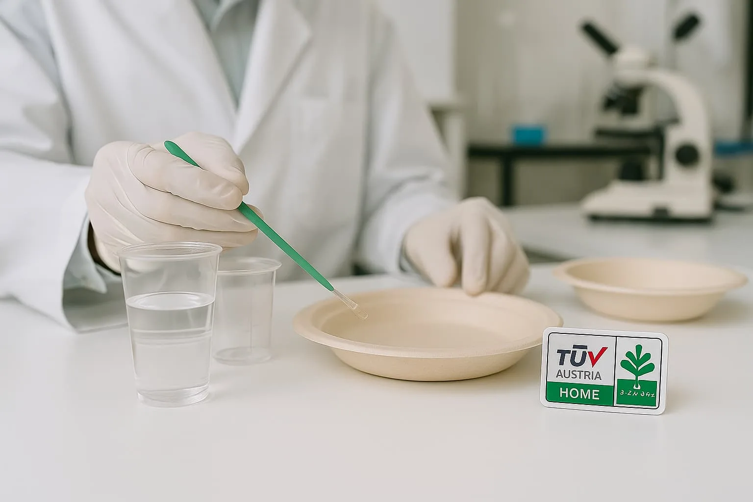 TÜV Austria Home Compost Certification – Compostable Packaging Laboratory Testing Laboratory testing of compostable bagasse bowls, PLA cups, and cornstarch cutlery for TÜV Austria OK Compost Home certification under EU compostable packaging standards.