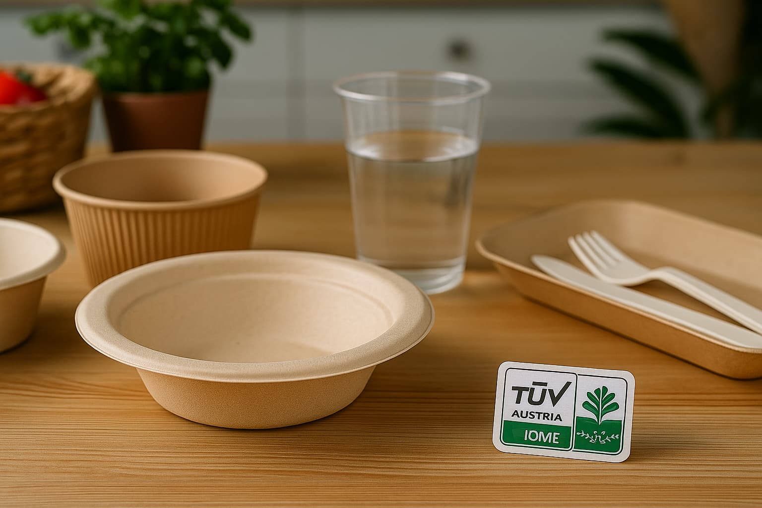 TÜV Austria OK Compost Home certification label displayed with eco-friendly bagasse bowls, cornstarch cutlery, and kraft paper tableware on a wooden table.
