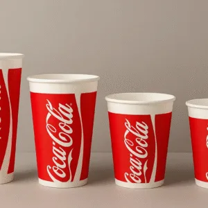 16–22oz cold drink paper cups with Coca-Cola red print displayed in a row, designed for juice, soda, smoothies, and iced beverages.