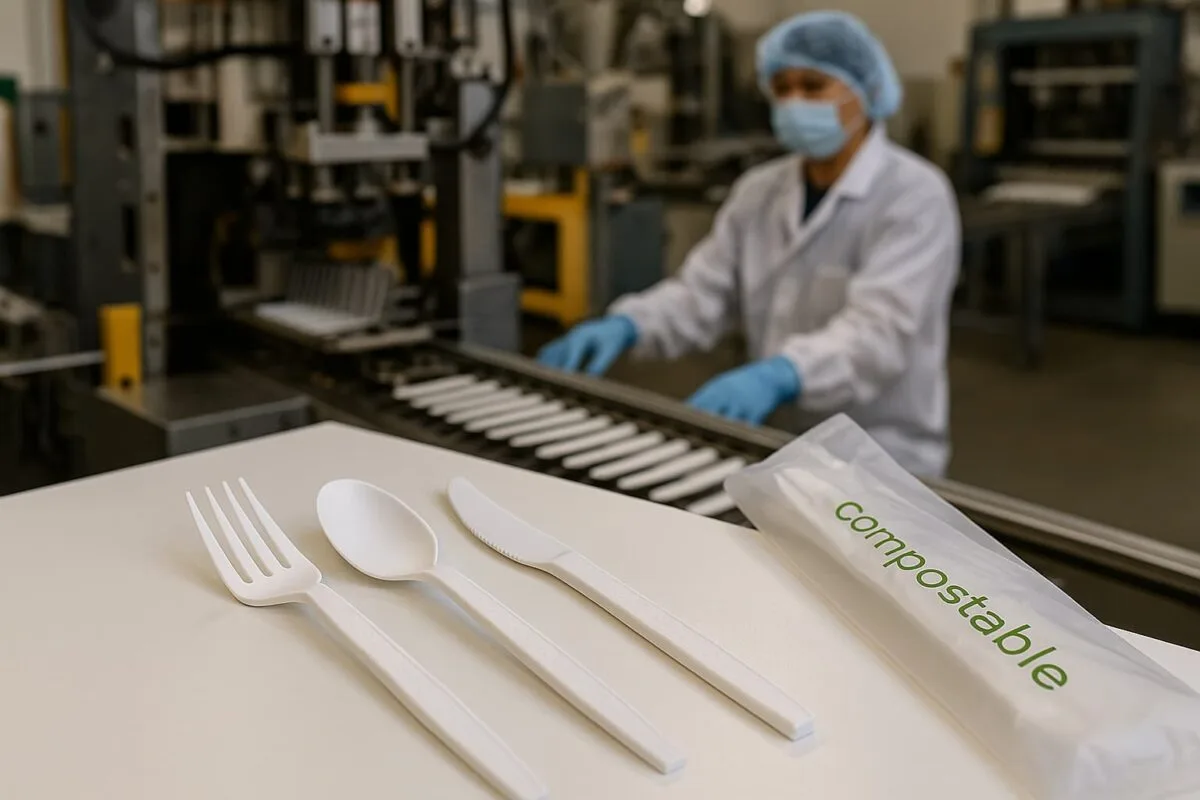 Talheres biodegradáveis CPLA e de amido de milho dispostos ordenadamente sobre uma mesa de madeira, utensílios ecológicos e compostáveis para venda por grosso e serviço de alimentação sustentável.