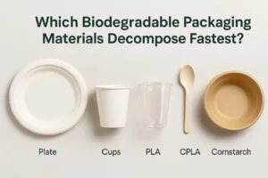 Biodegradable packaging materials comparison showing bagasse plate, PLA paper cup, PLA clear cup, CPLA cutlery, and cornstarch bowl by Bioleader®
