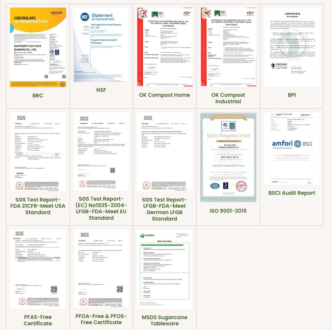 Certificados Bioleader de tabuleiros de bagaço de cana