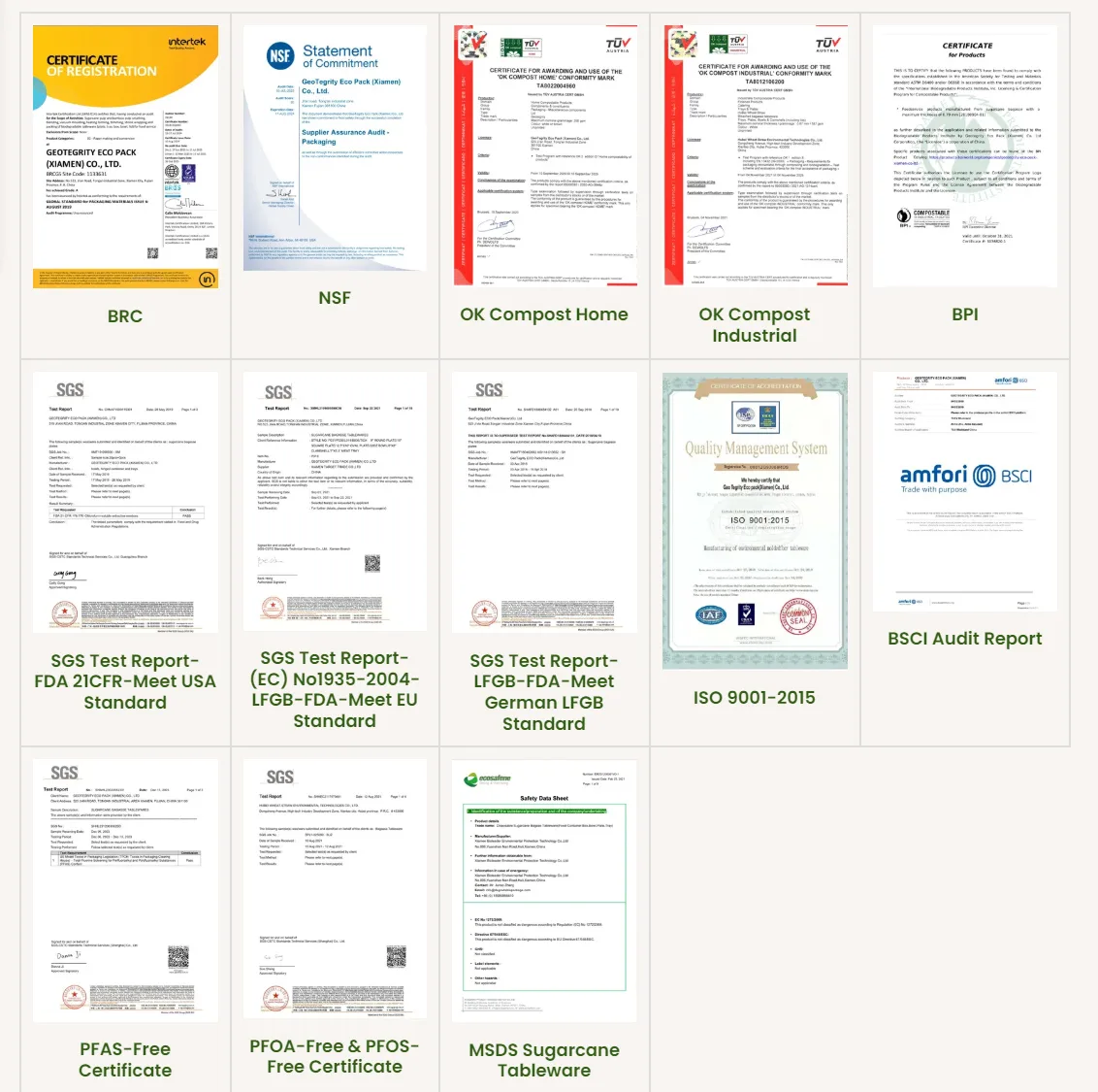 Certificats Bioleader de plateaux en bagasse de canne à sucre