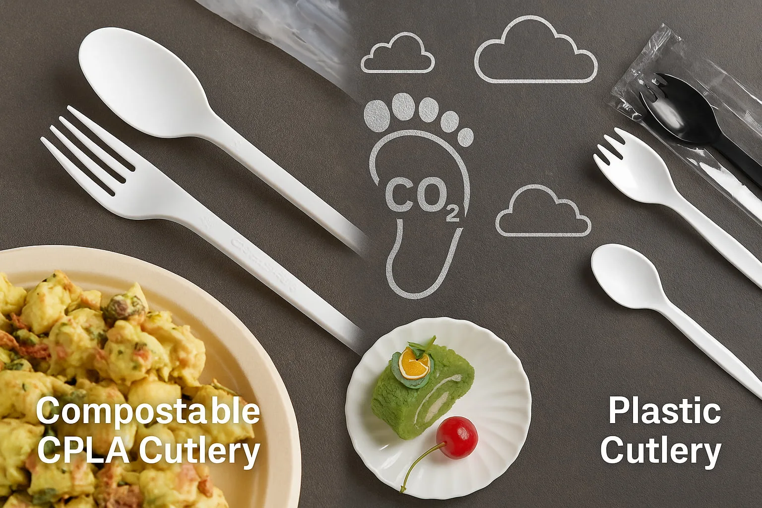Side-by-side comparison of Bioleader® compostable CPLA cutlery and plastic cutlery with carbon footprint icons in the background, symbolizing sustainability and emissions reduction.