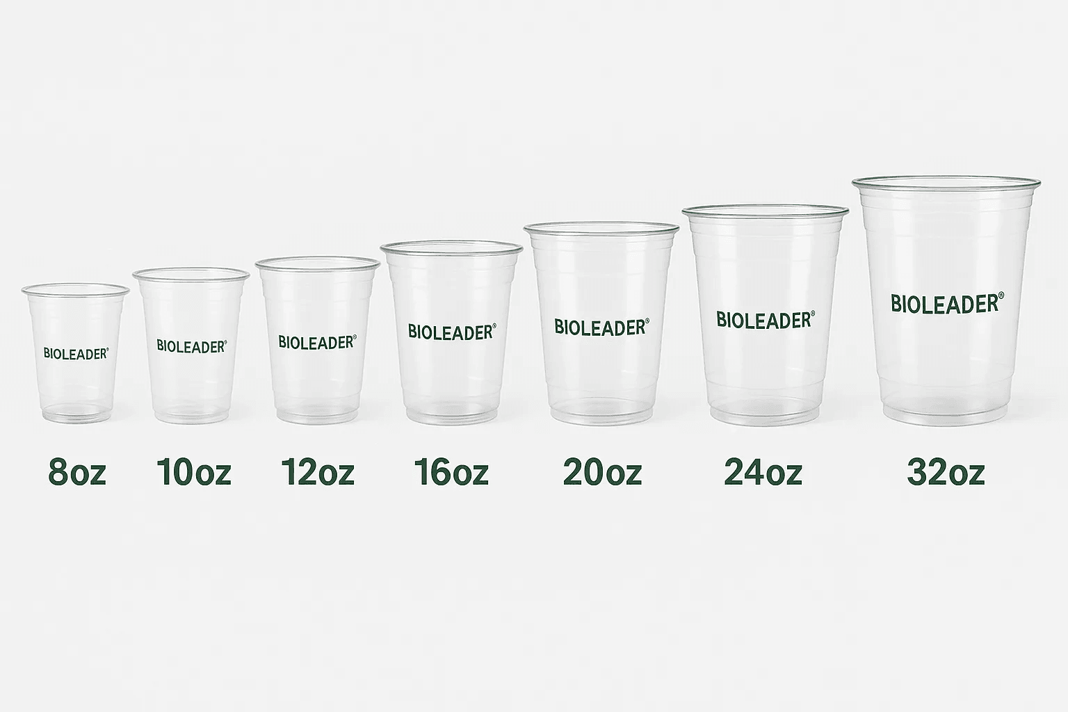 Bioleader® PLA Cups Size Range Comparison — 8oz to 32oz Lineup of Bioleader PLA cups from 8oz to 32oz showing size variations and branding for sustainable beverage packaging.