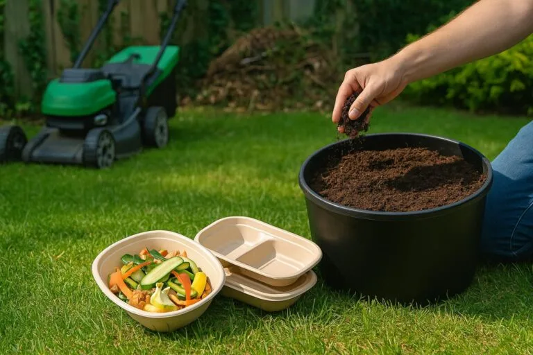 Compost being spread on green grass with bagasse compostable bowls and garden tools in a sunlit backyard