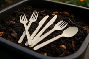 Compostable cutlery made from bagasse, CPLA, and cornstarch decomposing naturally in compost soil, eco-friendly utensils by Bioleader.