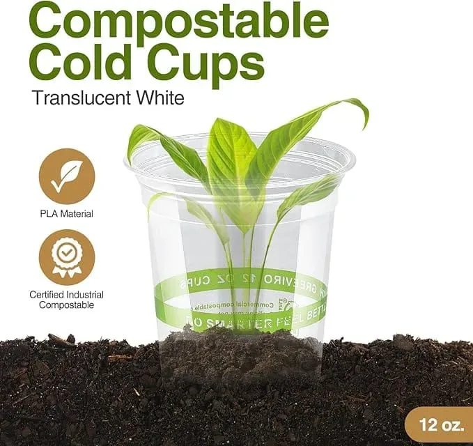 Um copo para frio em PLA compostável com uma planta verde a crescer no interior, simbolizando a biodegradação e a embalagem sustentável.
