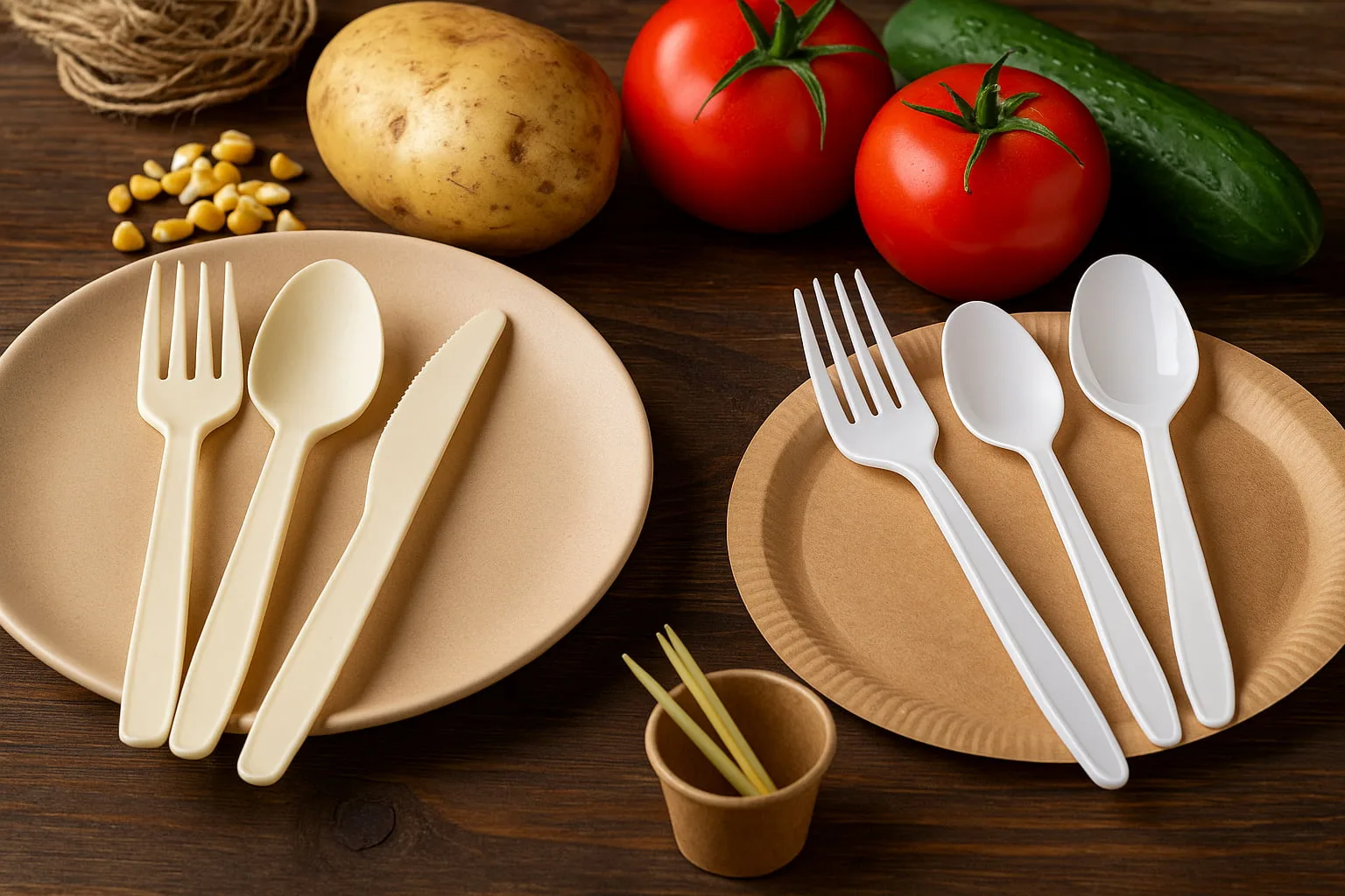 Compostable CPLA and cornstarch cutlery displayed beside traditional plastic utensils on eco-friendly tableware under natural light.
