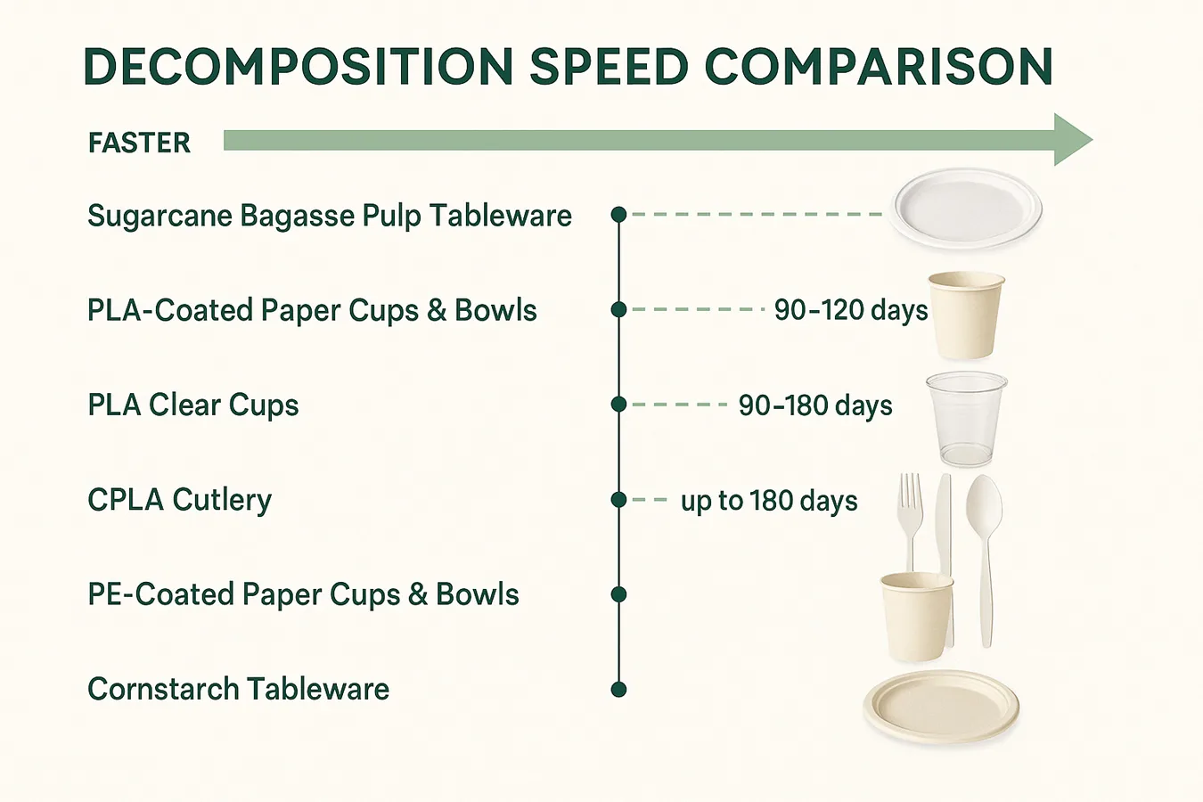 Comparación de la velocidad de descomposición de los materiales de envasado biodegradables | Bioleader® Comparación de la velocidad de descomposición de materiales de envasado biodegradables, desde bagazo de caña de azúcar hasta PLA y almidón de maíz, por Bioleader®