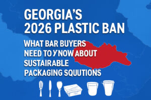 2026 Georgia Plastic Ban Announcement with a map highlighting Georgia and plastic cutlery being banned