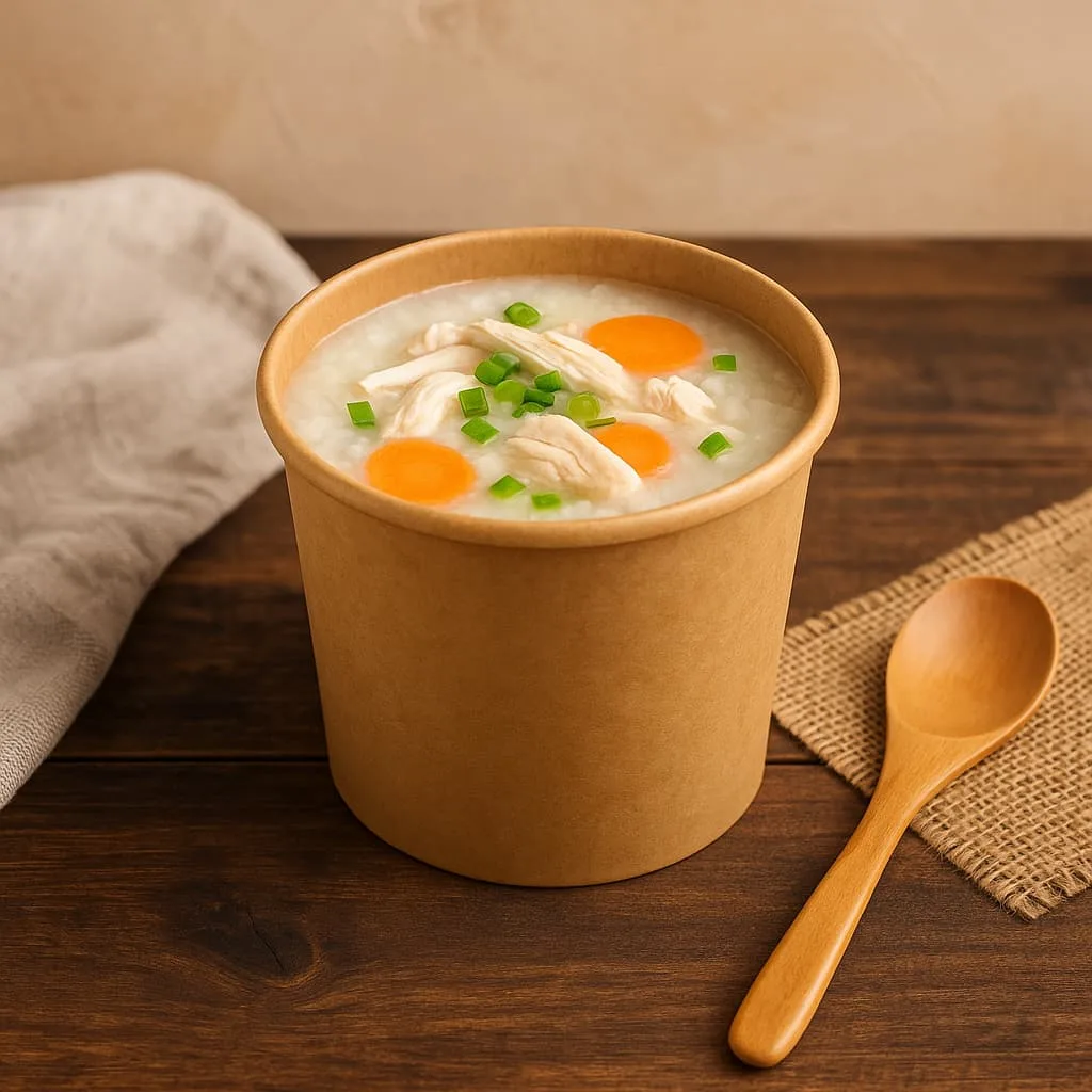 Envases de sopa de papel kraft de doble pared para comidas calientes para llevar Envases de sopa de papel kraft con estructura de doble pared y tapa ventilada, llenos de sopa caliente, adecuados para llevar y alimentos líquidos a alta temperatura.