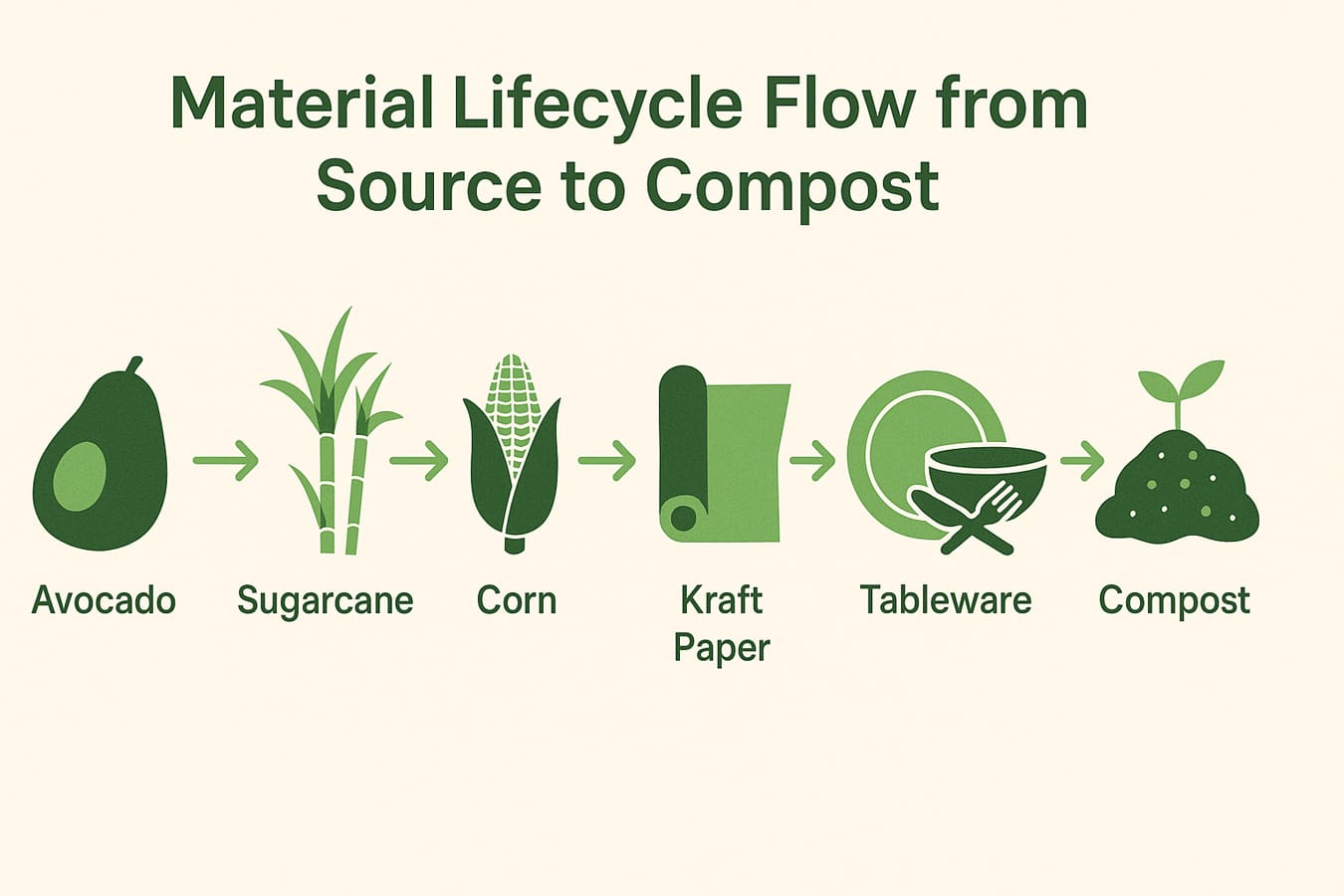 Fluxo do ciclo de vida do material da fonte ao composto | Bioleader® Ciclo de vida dos materiais de embalagem biodegradáveis de fontes naturais como a cana-de-açúcar, o milho e o papel kraft para compostagem por Bioleader®.