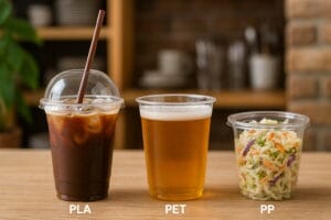 Three beverage cups made from PLA, PET, and PP displayed side by side on a wooden café counter showing material and clarity differences.