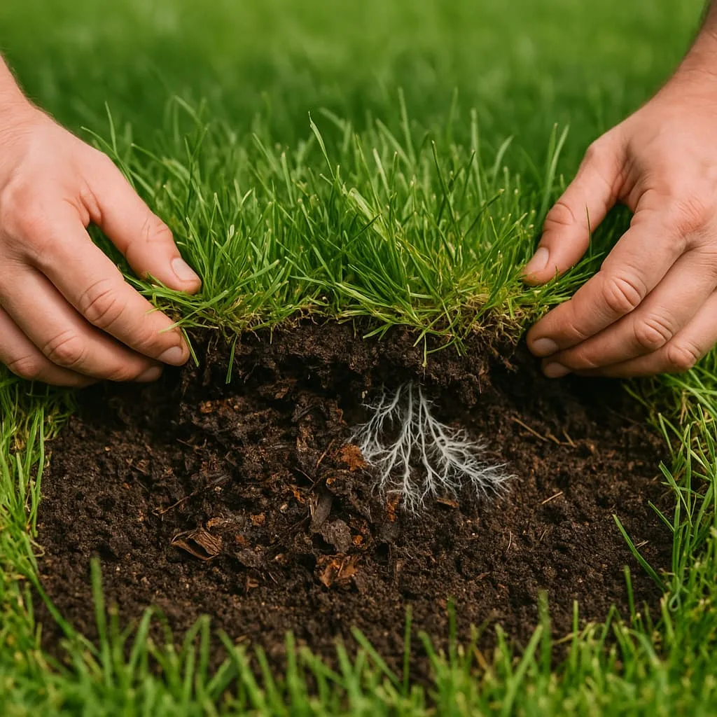 Makroaufnahme eines mit Kompost angereicherten Bodens unter grünem Gras mit Wurzeln, Pilzen und Mikroben, die durch das kompostierbare Ökosystem von Bioleader unterstützt werden