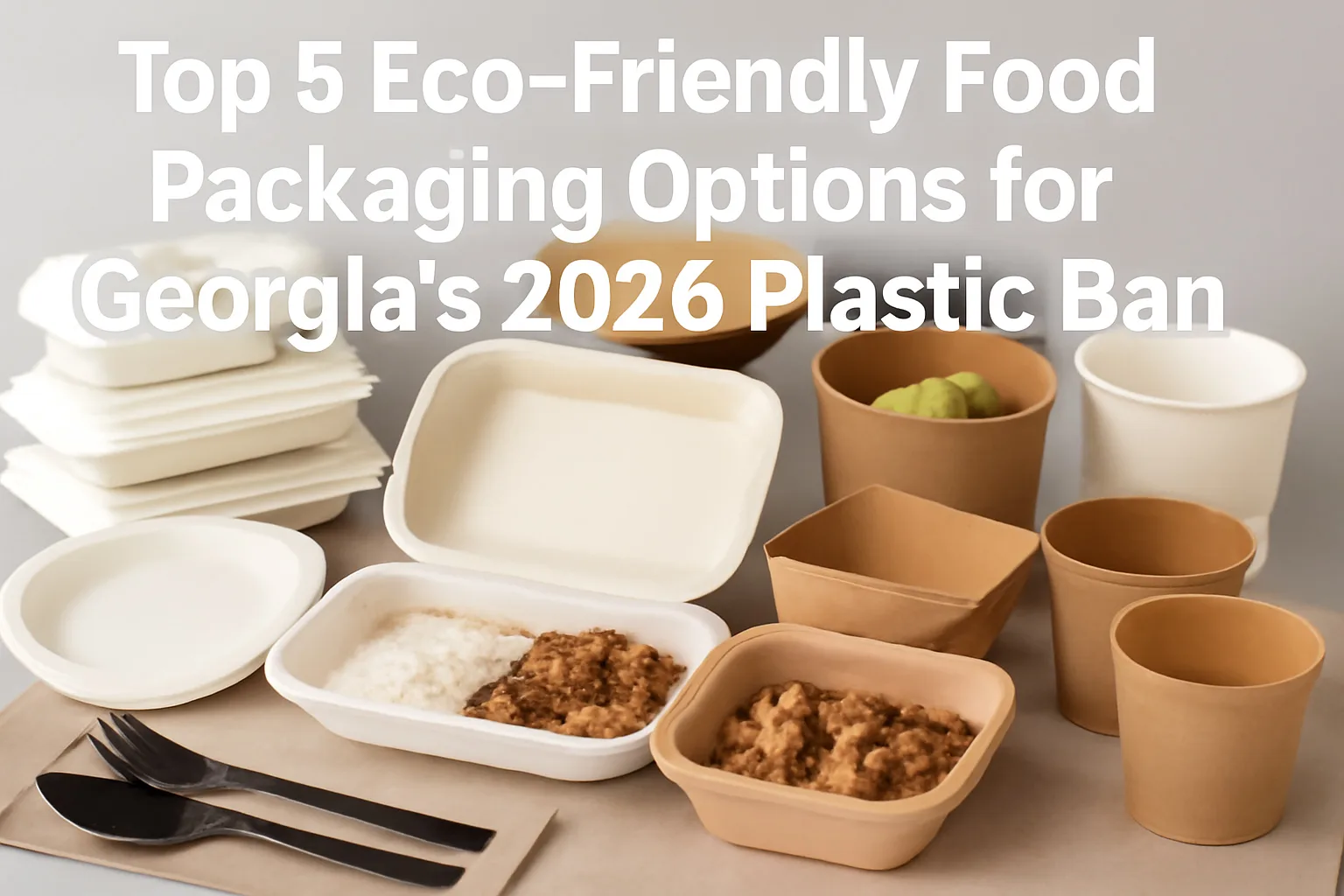 Opções de embalagens alimentares ecológicas para a proibição de plásticos de 2026 na Geórgia, com bagaço, papel revestido com PLA e produtos de papel à base de água
