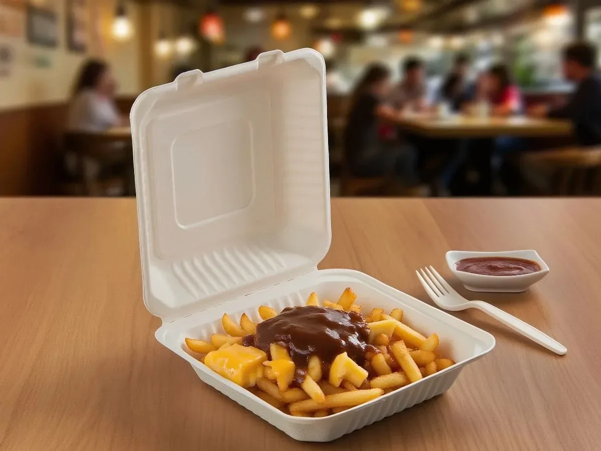 Bagasse Clamshell Container for Hot Foods | Heat-Resistant Compostable Takeout Packaging Bagasse clamshell container holding hot poutine with gravy, served in a restaurant setting, showing heat-resistant compostable packaging suitable for takeout.