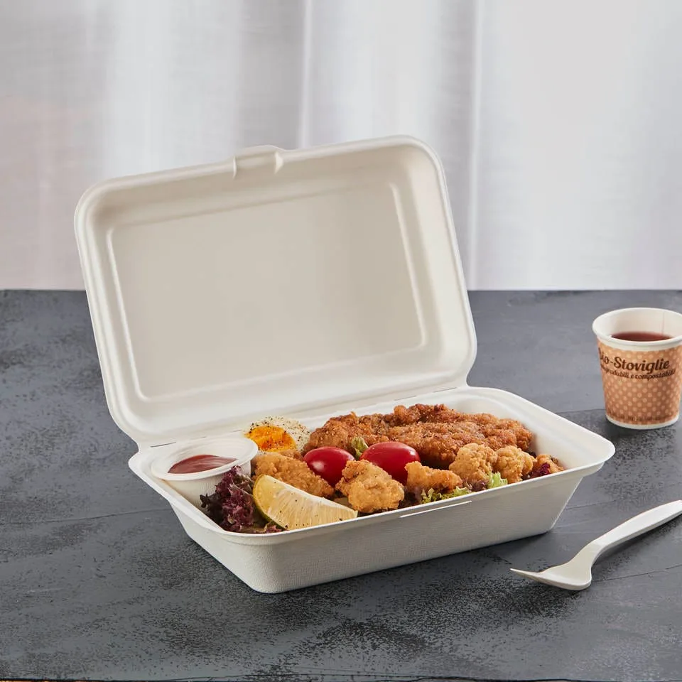 フライドポテト、フライドチキン、天ぷら、フィッシュ＆チップスなどの揚げ物を入れる通気性のあるバガス製クラムシェル容器。