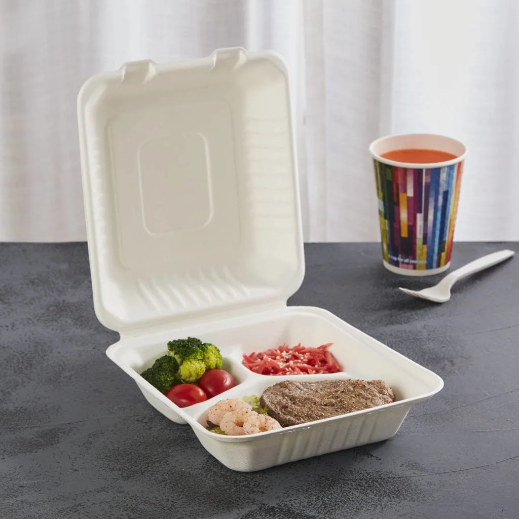 Contenants en bagasse compostables conçus pour les repas chauds, offrant résistance à la chaleur, résistance à l'huile et robustesse pour les plats à emporter et la livraison.