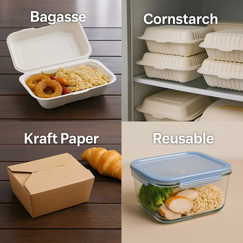 Сравнение материалов для эко ланч-боксов: Багасс, кукурузный крахмал, крафт, многоразовый материал Сравнительное изображение четырех видов экологичных материалов для ланч-боксов - багасса, кукурузный крахмал, крафт-бумага и многоразовые стеклянные контейнеры - показаны рядом.