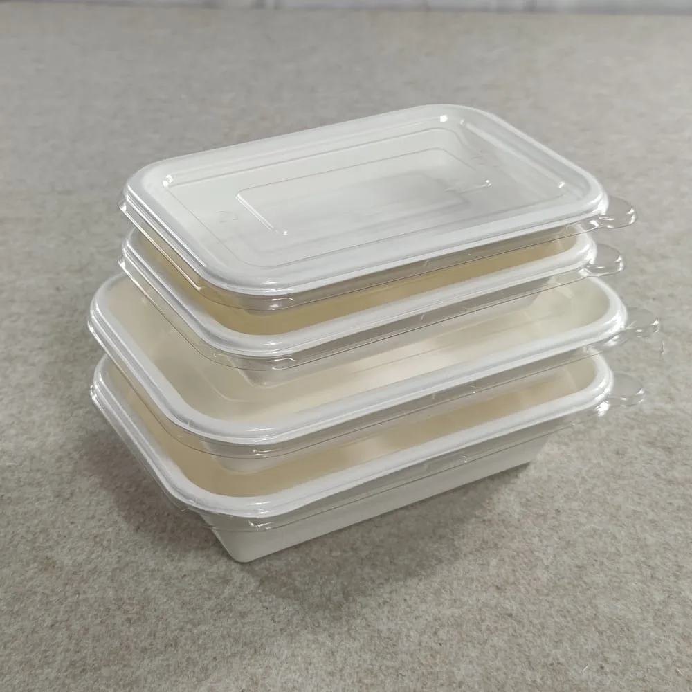 Contenants rectangulaires en bagasse empilables avec couvercles transparents conçus pour les aliments frits tels que les frites, les nuggets et les morceaux de poulet, adaptés à un emballage à emporter résistant aux fuites.
