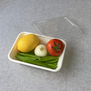 Tabuleiro de produtos de bagaço compostável com tampa transparente contendo limão, tomate, cebola e ervilhas